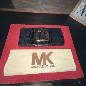 Michael Kors Black Patent Croc-Embossed Clutch with Gold Buckle